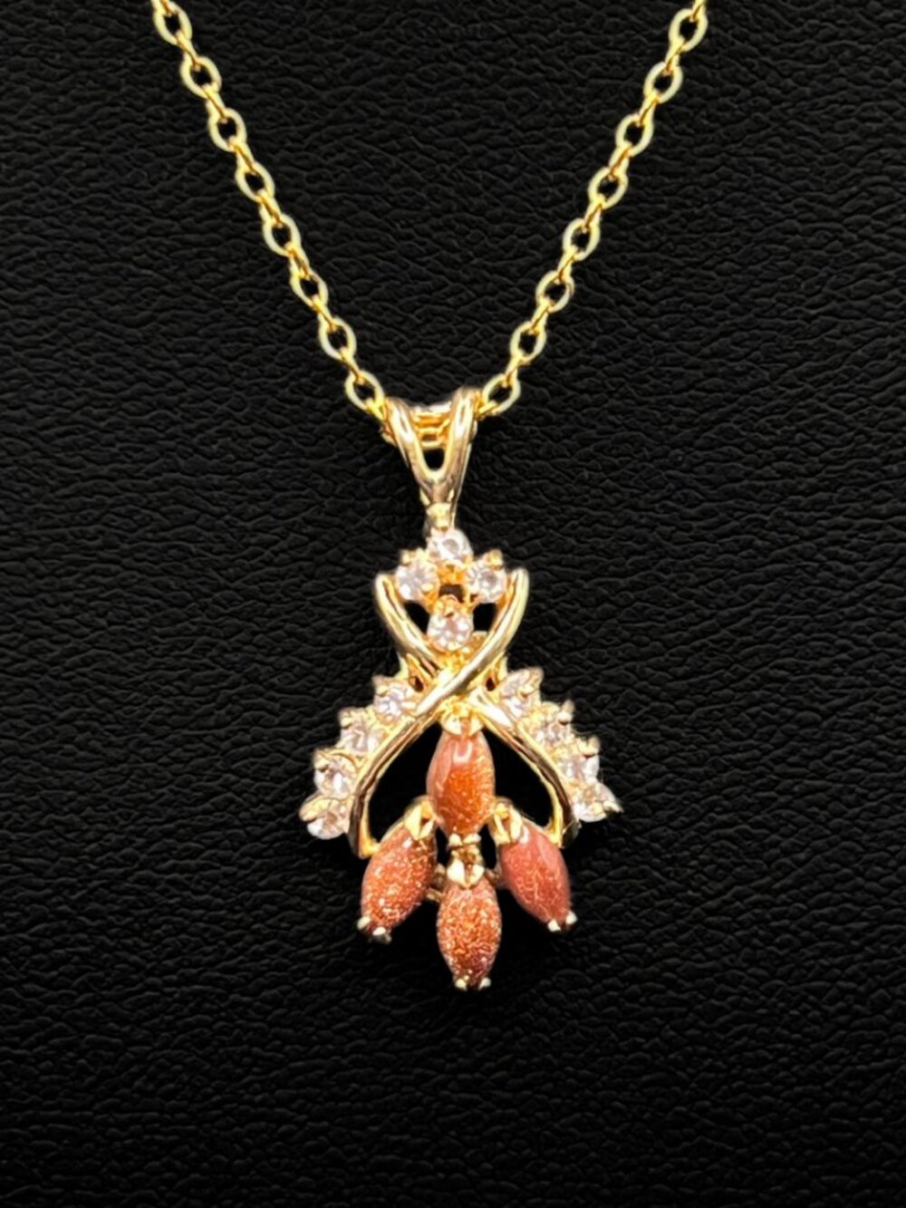 Vintage Copper Goldstone Pendant Necklace: 18K Gold Electroplate, Dolphin Ore